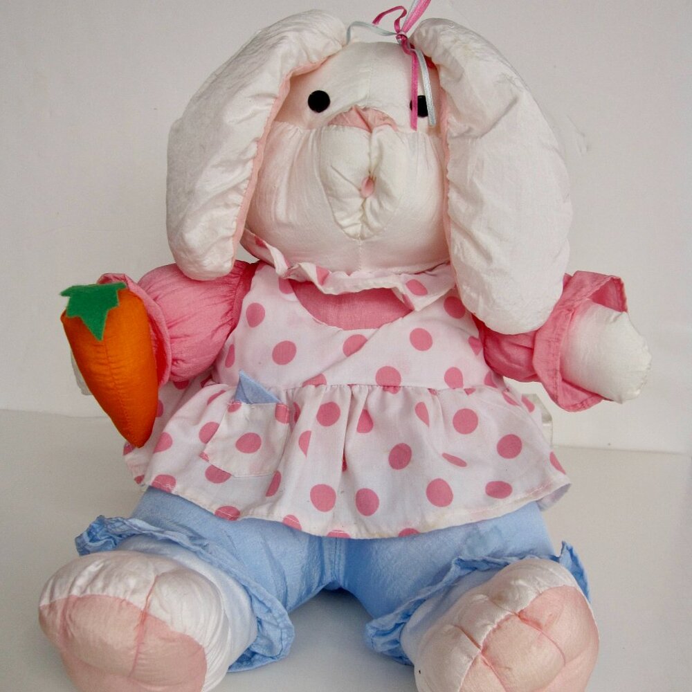 Vintage 80s Parachute Nylon Plush Bunny w Carrot International Silver EASTER